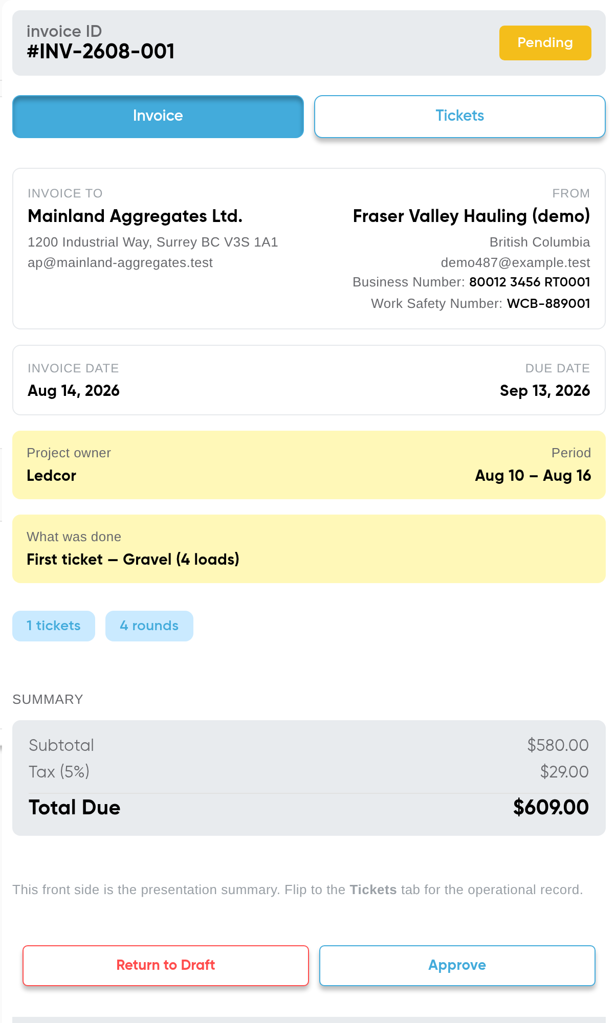 Tragget invoice INV-2608-001 to Mainland Aggregates: subtotal $580.00, GST 5% $29.00, total due $609.00, marked Pending
