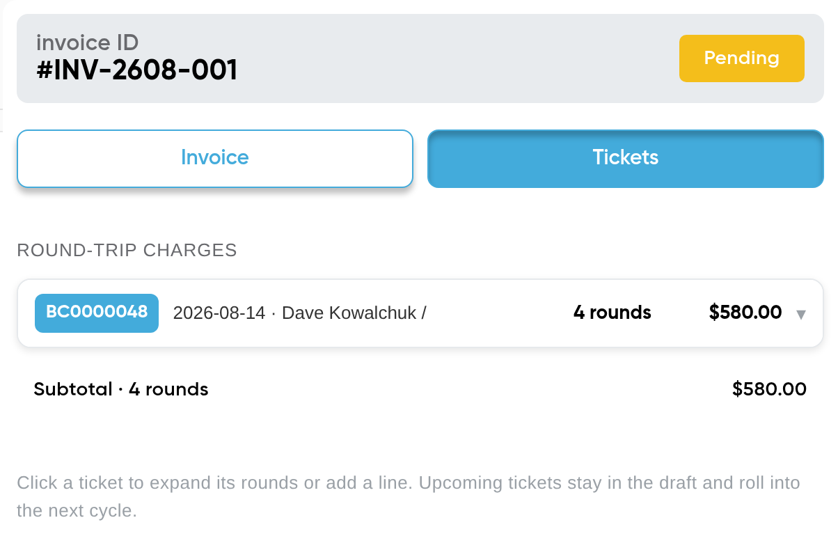 Tragget invoice screen showing ticket BC0000048, 4 rounds, $580.00, on the Tickets tab