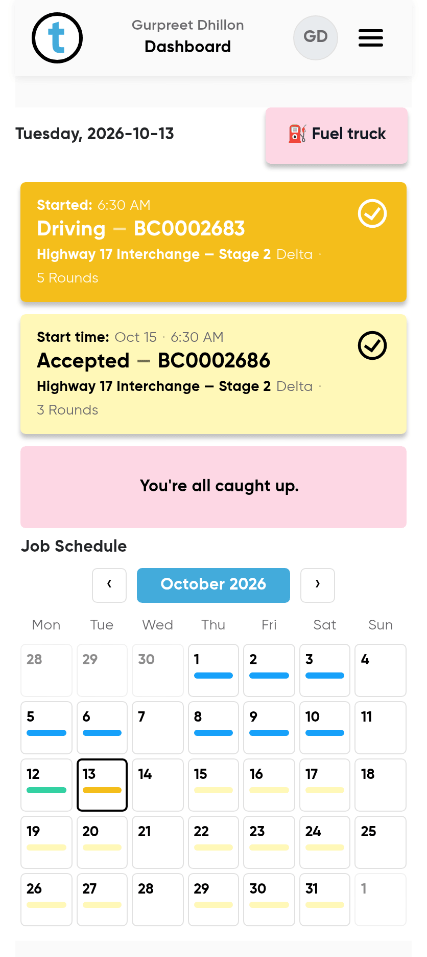 A driver's Tragget dashboard on a phone, Tuesday 13 October: today's job driving since 6:30 and the next one accepted for Thursday at 6:30, and below them the Job Schedule for October, the days already worked marked approved, yesterday's sent for approval, and accepted jobs booked to the end of the month.