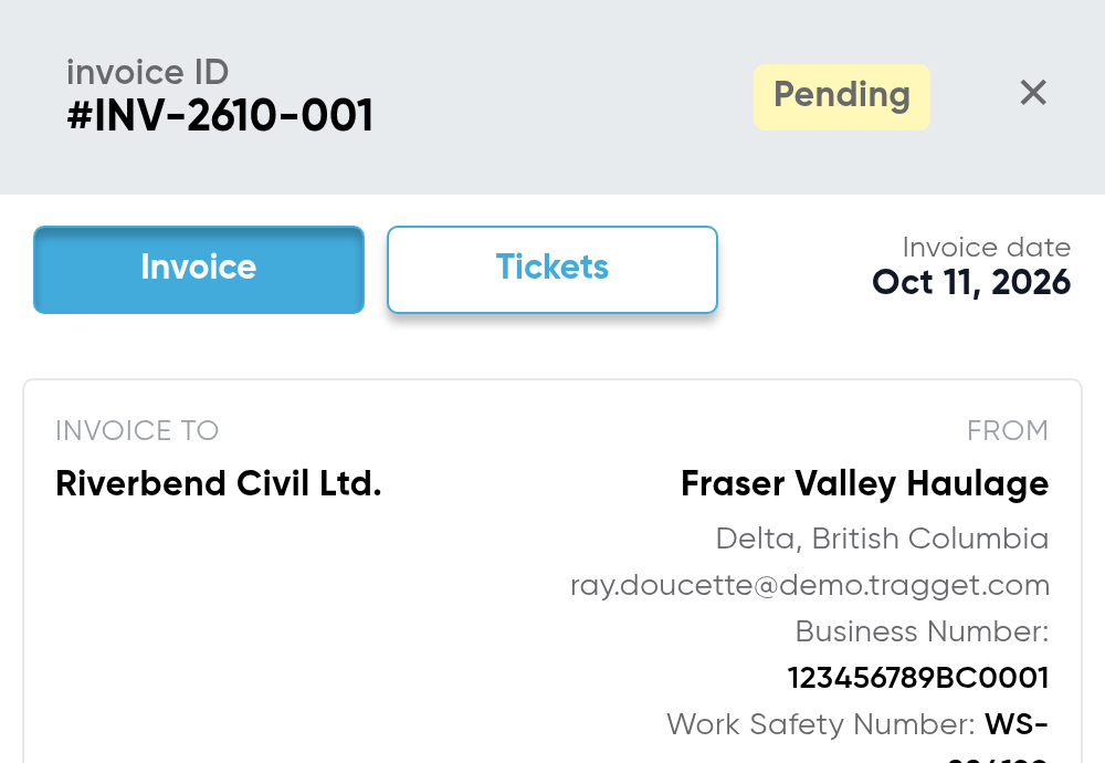 A Tragget invoice, INV-2610-001, pending: Invoice and Tickets buttons with the invoice date beside them, then who it is billed to and the sender's address, business number and work safety number.
