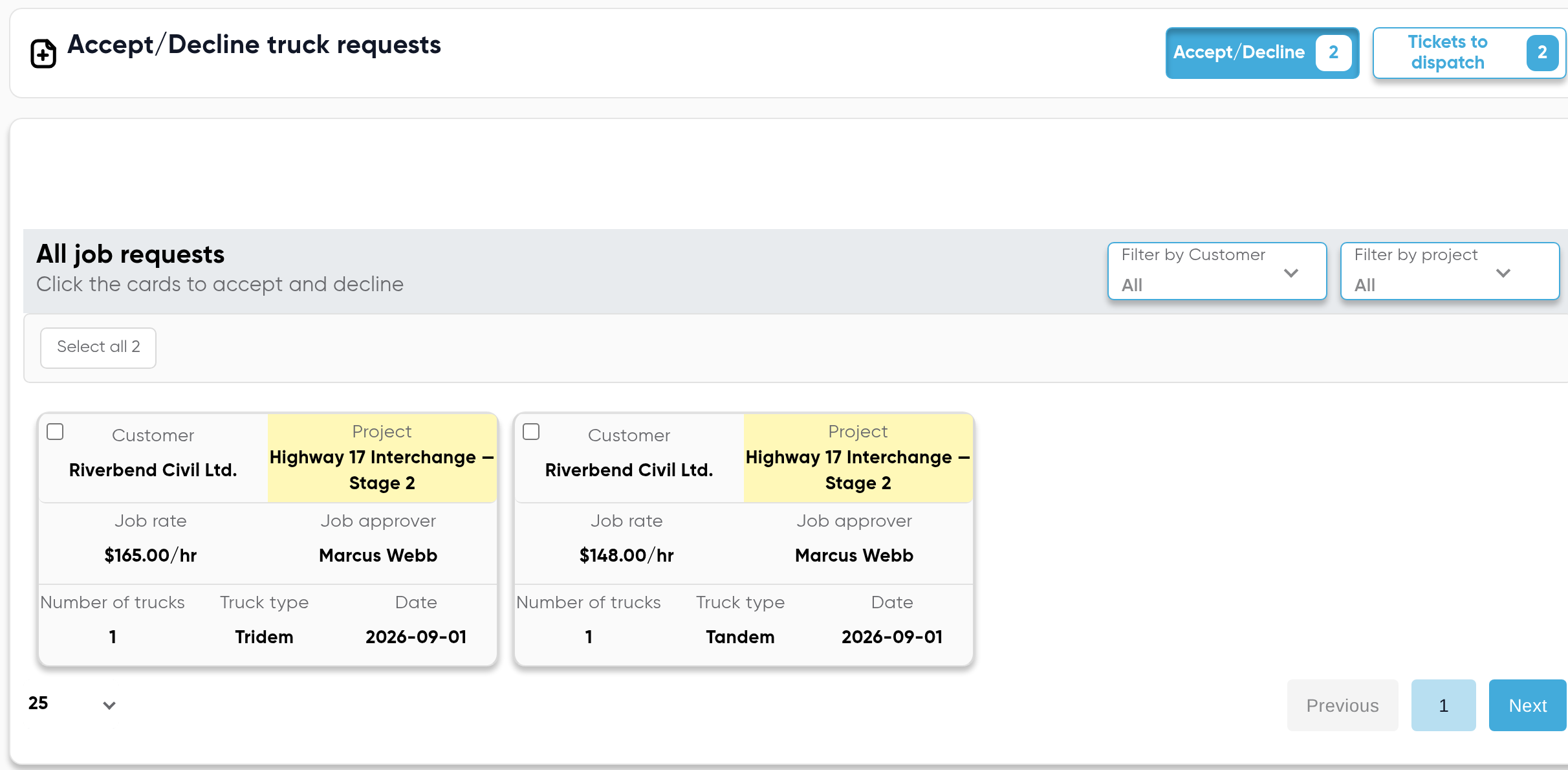 Tragget's Accept/Decline truck requests screen for a trucking company: two inbound requests from Riverbend Civil Ltd. on the Highway 17 Interchange project, one at $165.00/hr for a tridem and one at $148.00/hr for a tandem, each showing the job approver and the date.