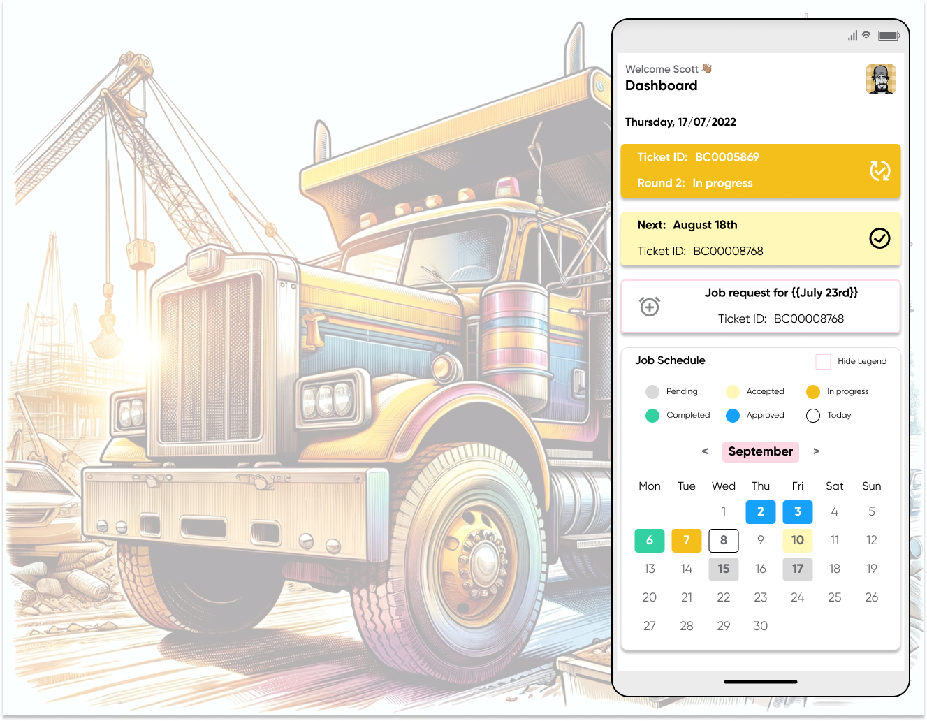 Truck driver using Tragget mobile app to accept a job request and record job details